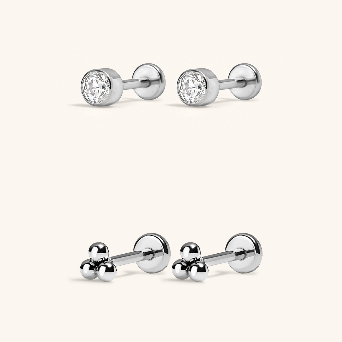 Minimalist Nap Earrings Duo - Celestial Crystal Bezel Solitaire and Trinity Nap Earrings  in Silver
