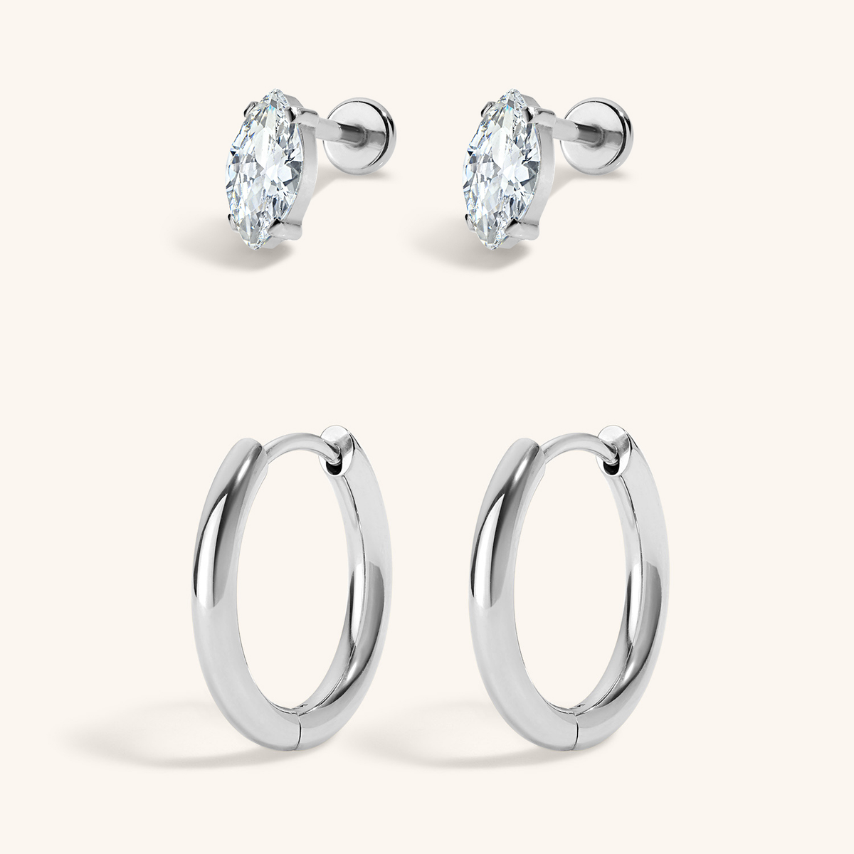 The Signature Essentials Duo - Celestial Crystal Marquise Nap Earrings and Classic Hoops, 15mm in Silver