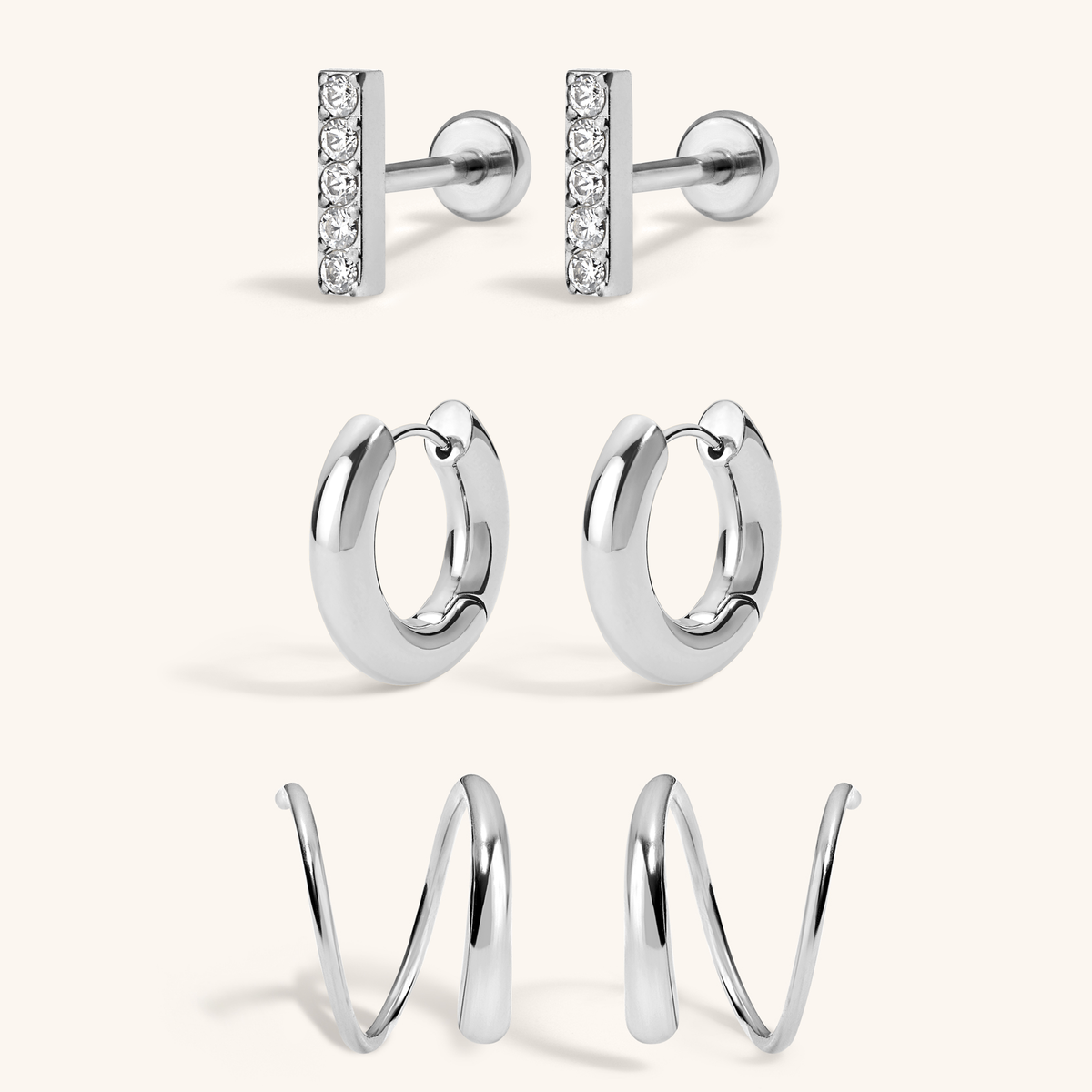 Off Duty Stack- Pave Bar Nap Earrings with Twirl Hoops and Every Body Hoops, 18mm Silver