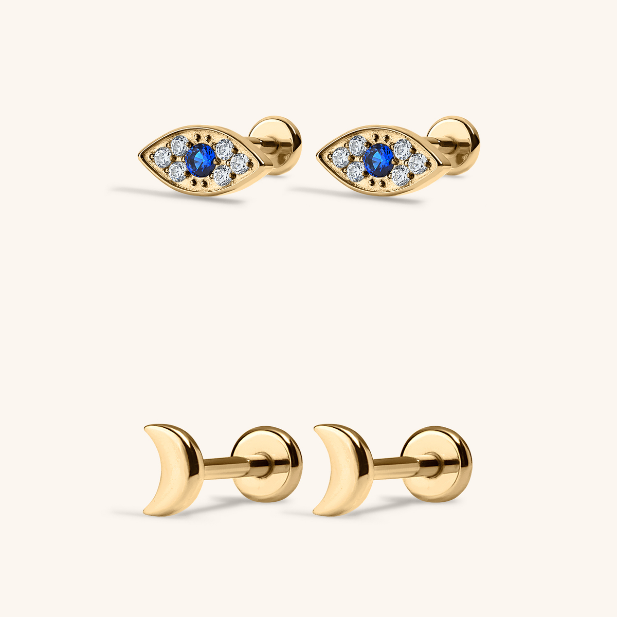 Cosmic Nap Earrings Duo - Evil Eye Nap Earrings and Moon Nap Earrings in Gold