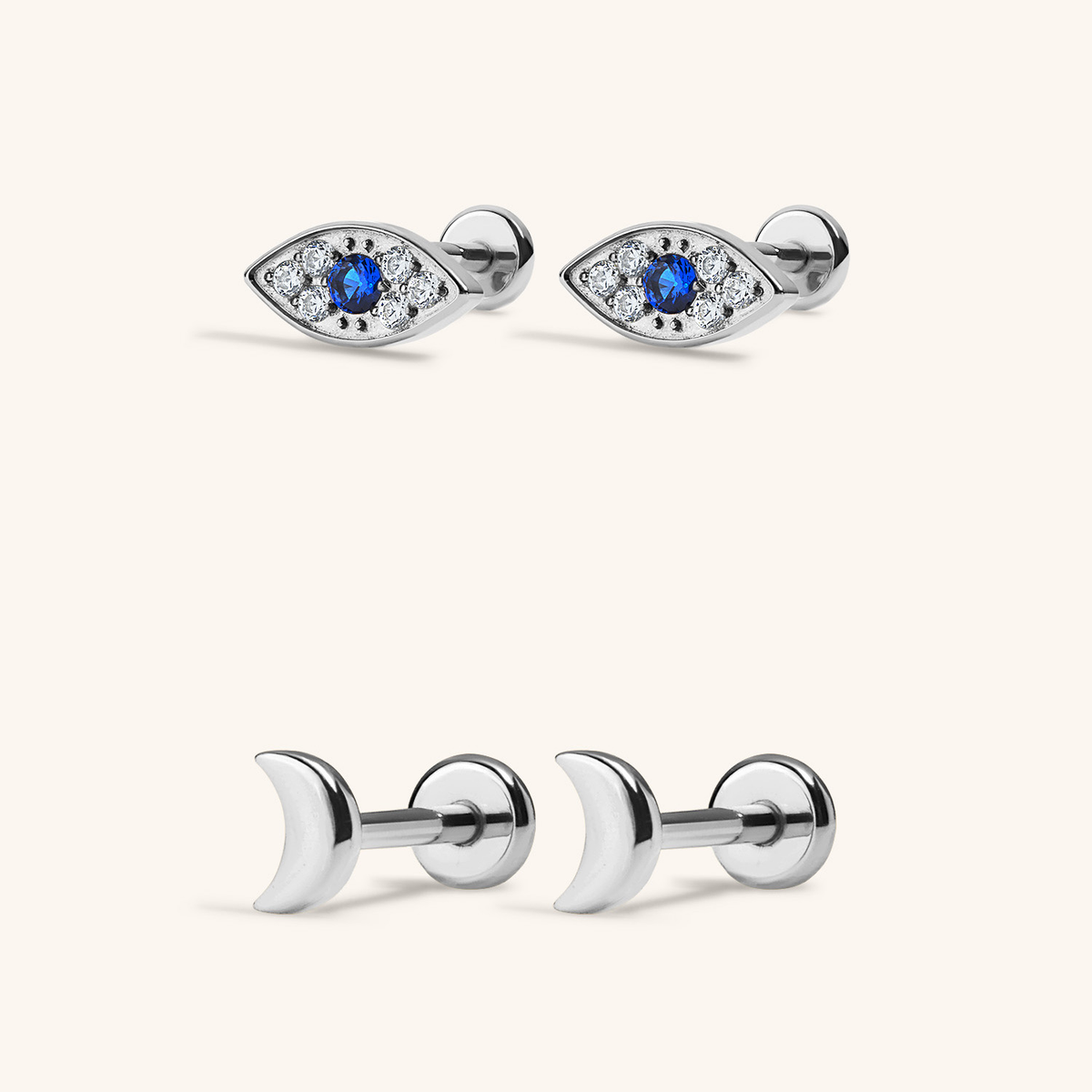 Cosmic Nap Earrings Duo - Evil Eye Nap Earrings and Moon Nap Earrings in  Silver
