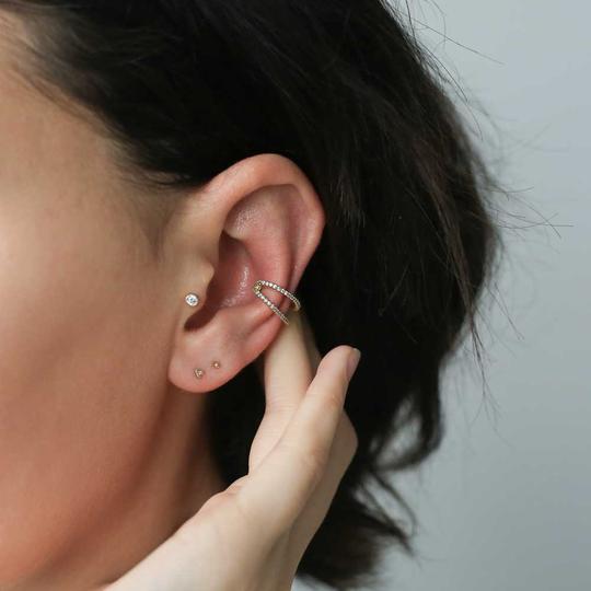 Celestial Crystal Bezel Solitaire and Trinity Threaded Flat Back Earring in 14k Gold on model