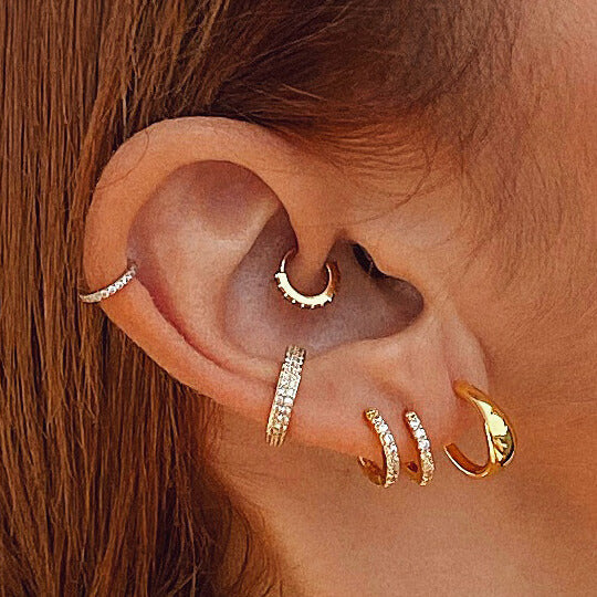 Pave Huggies, 11mm and Eternity Cartilage Hoop in 14k Gold on model