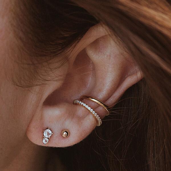 Classic and Eternity Cartilage Hoop, Sphere Push Pin Flat Back Earring and Gaia Studs in 14k Gold on model