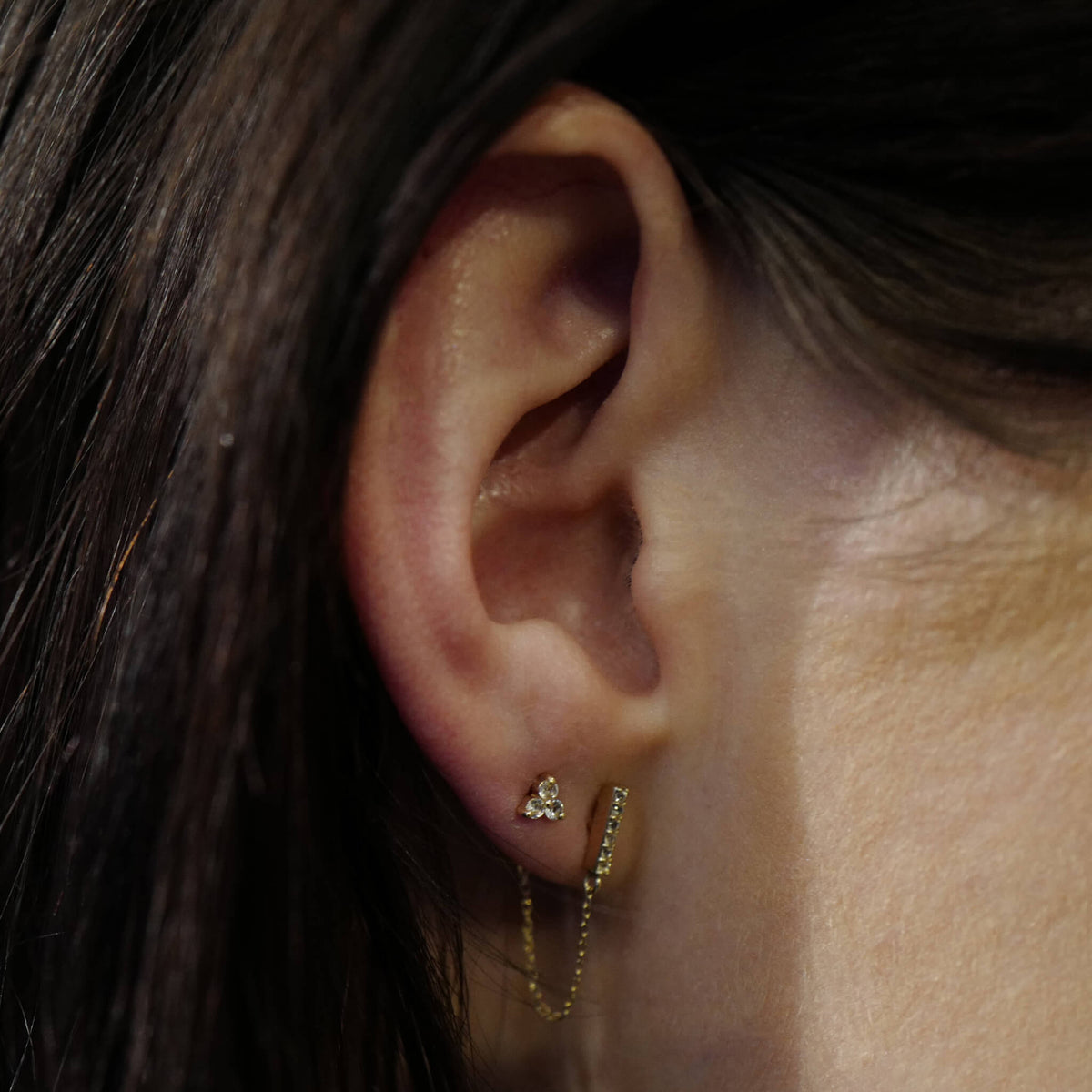 Pave Bar Chain Nap Earrings and Crystal Trinity Studs in 14k Gold on model