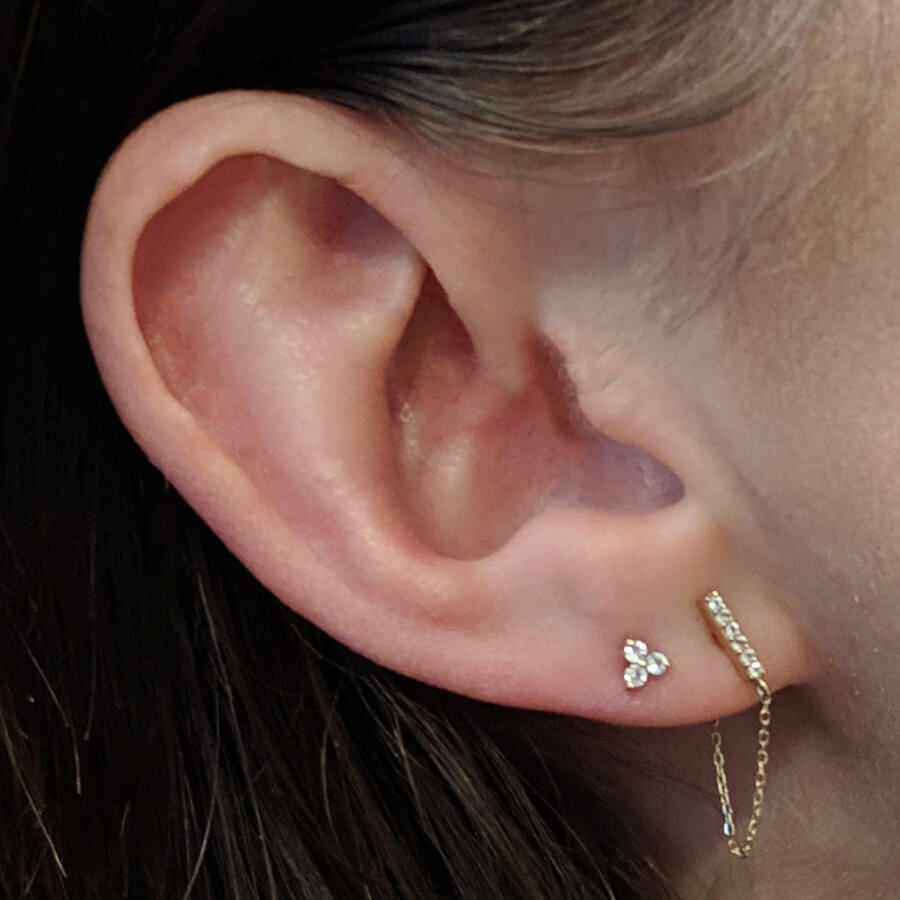 Pave Bar Chain Nap Earrings and Crystal Trinity Studs in 14k Gold on model