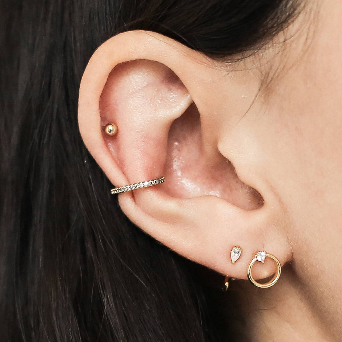 Sphere Threaded Flat Back Earring (Titanium - Gold) on model