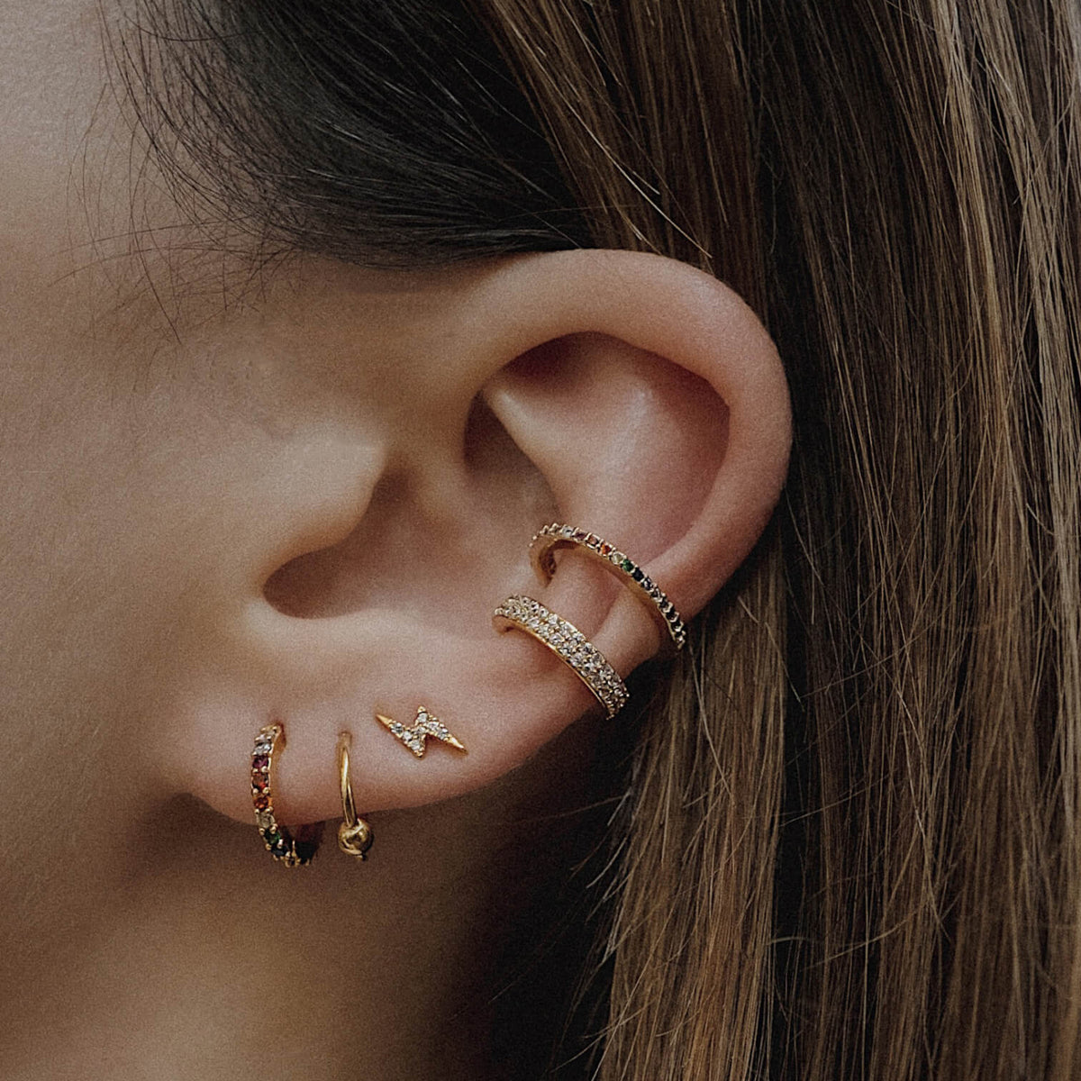 Orbital Cartilage Hoop and Pave Lightning Nap Earrings (Gold) on model